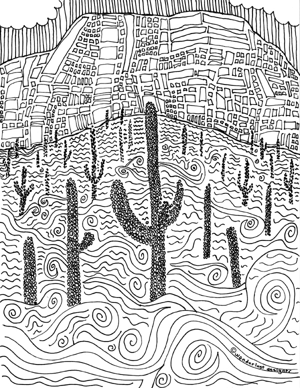 Landscape Doodle of Sabino Canyon, Tuscon, AZ by Wanderlust Designer