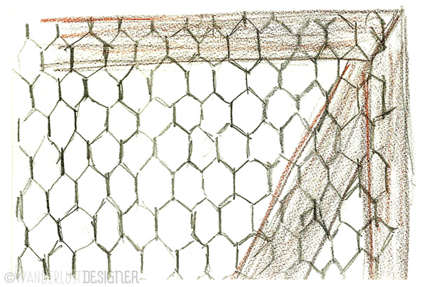 En Plein Air Sketching - Close up of Chicken Wire on the Coop by Wanderlust Designer