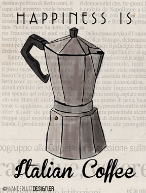 Italian Coffee Press Sketch on Italian Newsprint by Wanderlust Designer