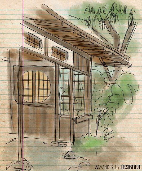 Japanese Garden Tea House, Central Park, San Mateo, CA (sketch by Wanderlust Designer)