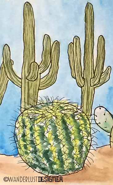 Saguaro and Golden Barrel Cactus, Tucson, Arizona (watercolor by Wanderlust Designer)