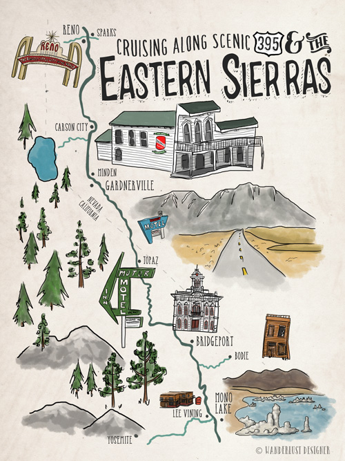 Cruising Along 395 and the Eastern Sierras (Illustrated Map by Wanderlust Designer)
