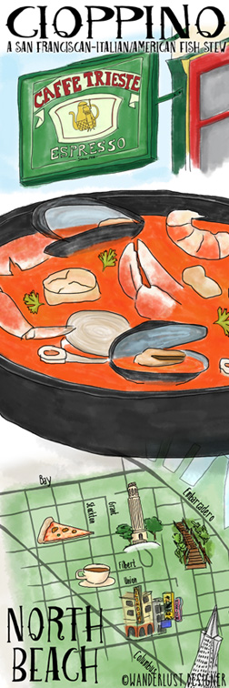 Cioppino Fish Stew Recipe from North Beach San Francisco (illustration by Wanderlust Designer)