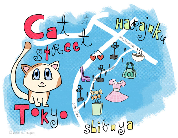 Illustrated Map of Cat Street in Tokyo, Japan by Wanderlust Designer