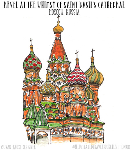 Revel at the Whimsy of Saint Basil's Cathedral Moscow - Illustrated Travel Bucket List by Wanderlust Designer