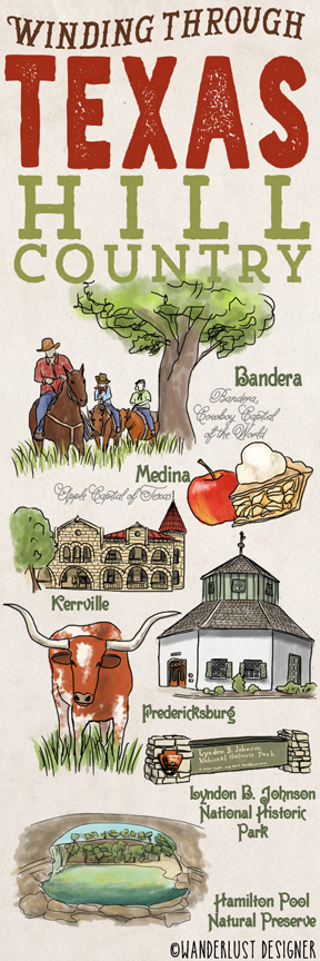Winding through Texas Hill Country Illustrated Map Highlights by Wanderlust Designer