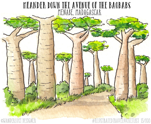 Meander Down the Avenue of the Baobabs, Madagascar - Illustrated Travel Bucket List by Wanderlust Designer