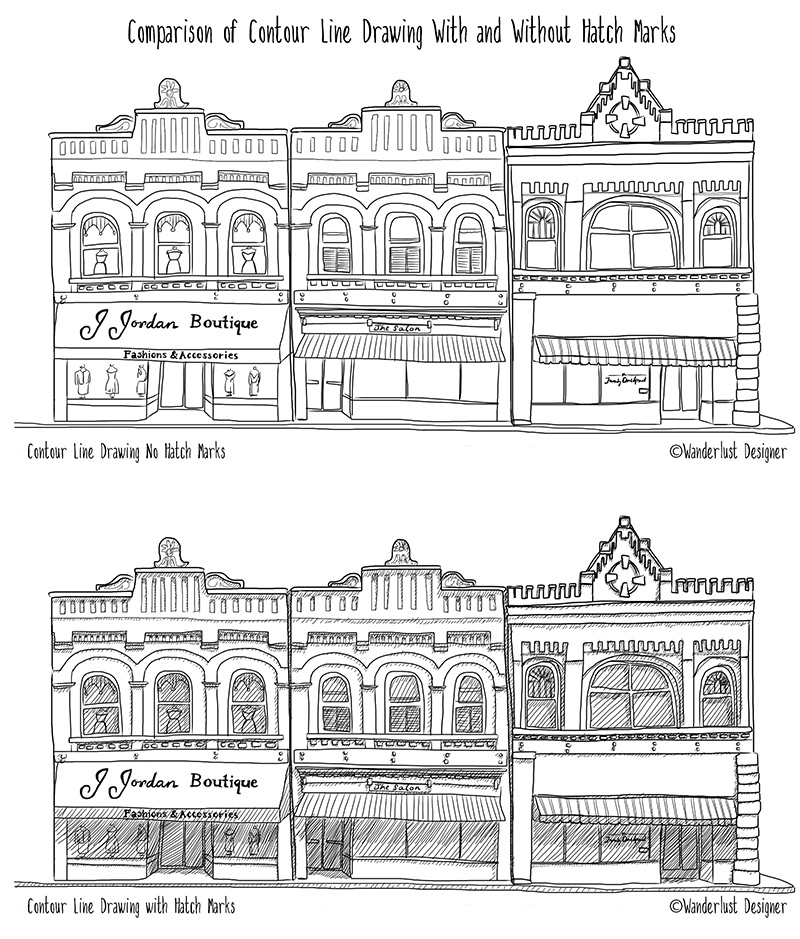 Line Art Example With and Without Hatch Marks by Wanderlust Designer
