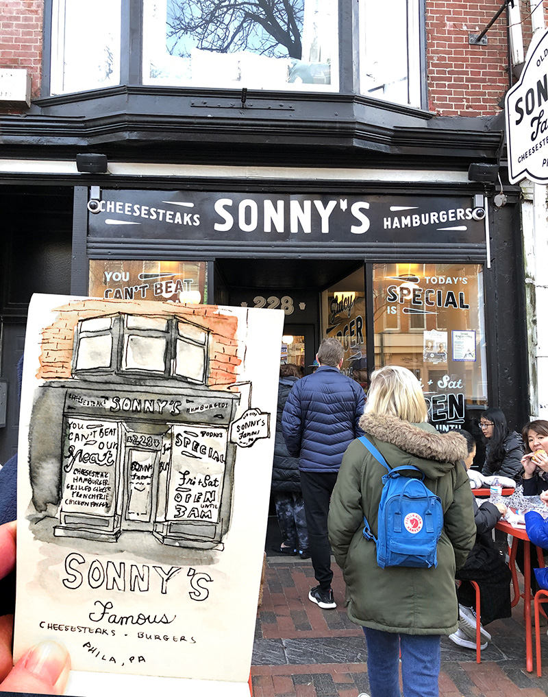 Sketching in Line for Famous Philly Cheesesteaks at Sonny's in Philadelphia (by Betsy Beier) 